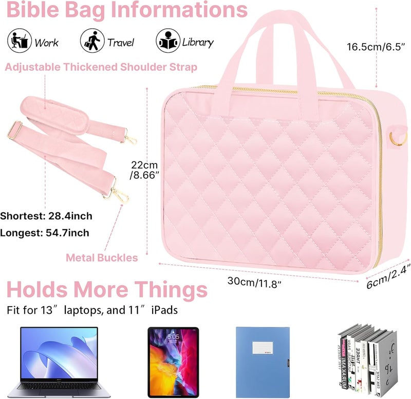 PUGPIU Bible Cover Case for Women, Large Quilted Bible Bag with Shoulder Strap and Handle, Bible Study Supplies Journaling Kit with Highlighters Pens No Bleed Tabs Notebook Cross Clips (Pink) - Image 4